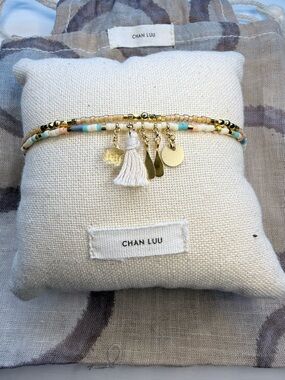 Chan Luu Gold Citrine Cream Pastel Beaded Bracelet with Tassel Charms